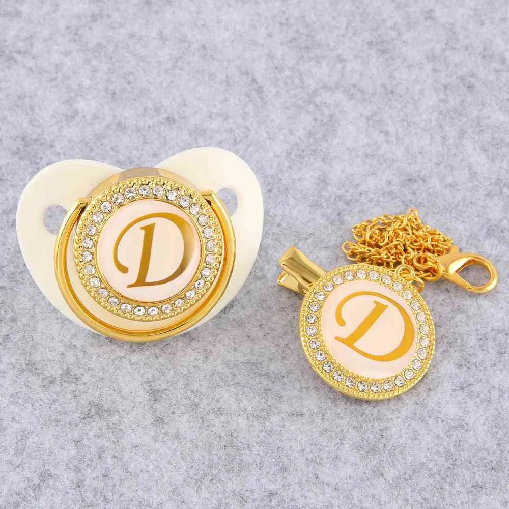 Golden Initial Letter Baby Pacifier With Chain Clip Luxury Sucette Bebe BPA White Chupete For 018 Months 2104077476546