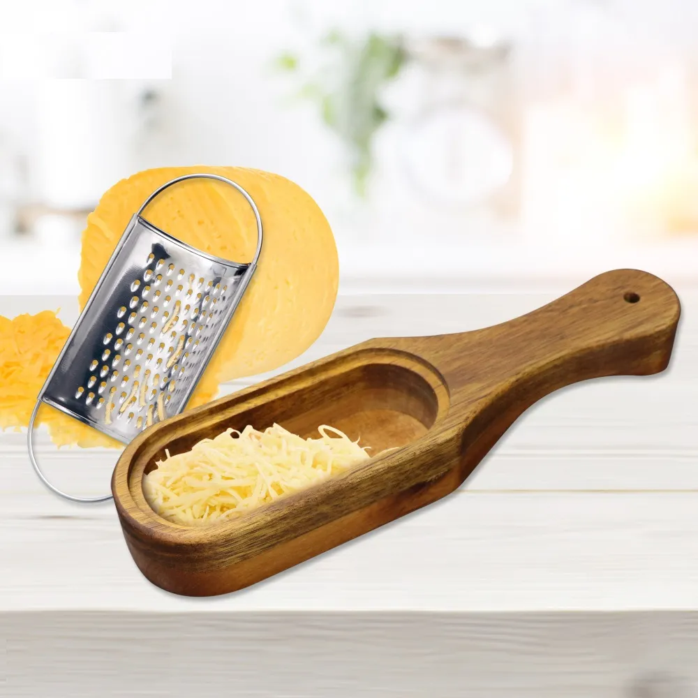 Râpe à fromage en acier inoxydable avec collecteur en bois d'acacia amovible, avec boîte, serveur d'outils à fromage