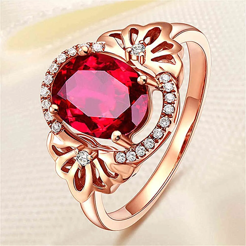 Fashion flower 3 red crystal ruby gemstones diamonds rings for women rose gold color jewelry bague bijoux party gifts4838014