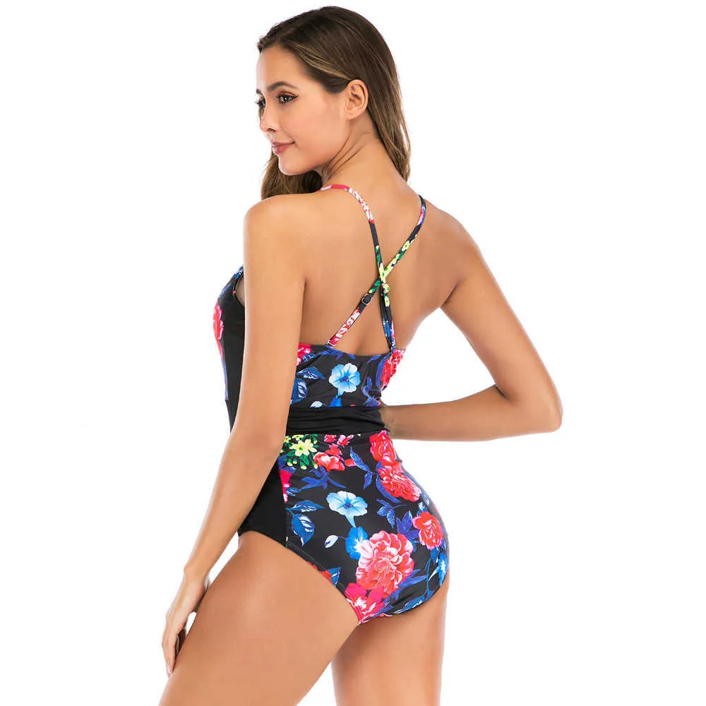 Vintage Swimsuit Women Sexy Floral Monokini Plus size Deep V Neck Swimwear Backless Print Bathing suit Beachwear 210604