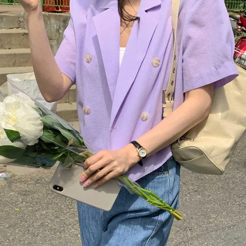 Korejpaa mulheres jaquetas verão coreano chique senhoras gentil violeta lapela dupla-breasted casual all-match sleeve blazers 210526