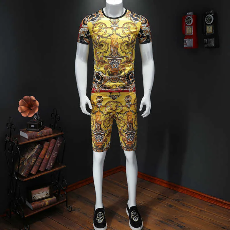 Brand Luxury Gold Print Tracksuit Set Men's Tshirts+sweatpants Men Clothes Social Casual Suits Sets Sportswear Sweatsuits 210527
