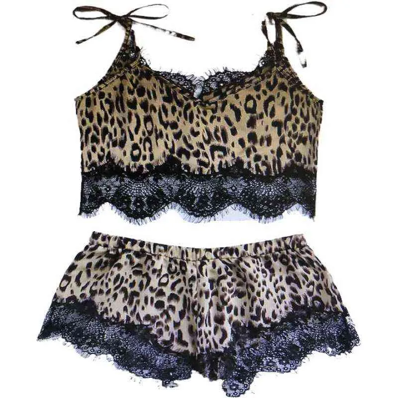 Sexig pyjamas leopard sexig underkläder set kvinnors imitation silke sexig underkläder 211203