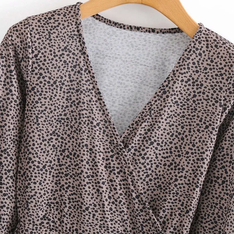 Mulheres verão leopardo impressão vestido longo manga v-pescoço decote zíper envoltório vintage feminino elegante babados mini vestidos vestidos 210513