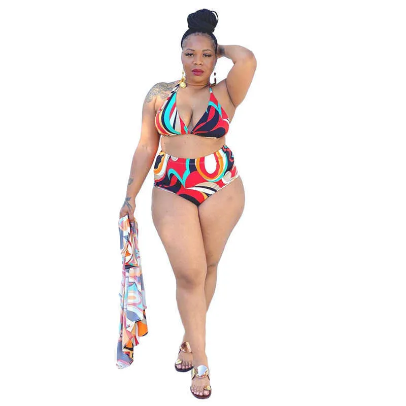 플러스 사이즈 3 조각 비키니 세트 여성 도매 인쇄 높은 허리 와이어 프리 탑 비트 피트 수영복 여름 의류 드롭 210629