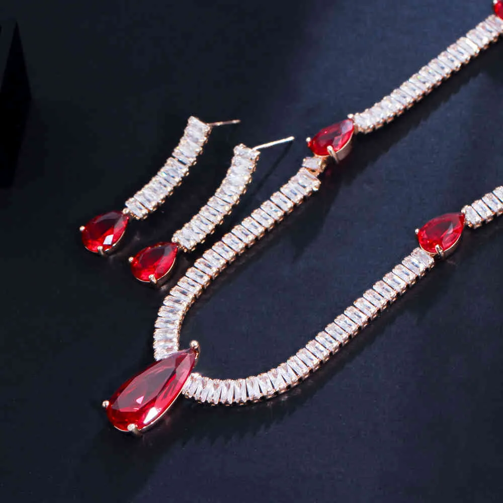Cwwzircons glänsande rött vatten droppe cubic zirconia kvinnor party halsband örhängen sätta brazillian guld bröllop brud smycken t551