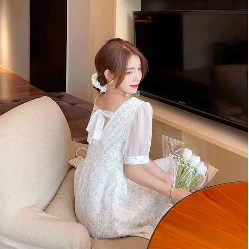 エズガガ花ドレス女性シックな韓国のファッション半袖シフォンレースパッチワークボタンAライン夏のオフィスレディの気質210430