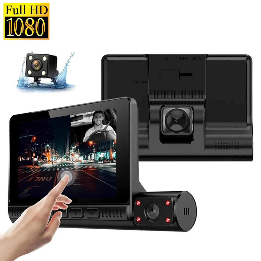 Car DVR 4 pouces écran tactile voiture DVR conduite enregistreur vidéo 3 lentille Dash Cam Full HD 1080P 170 degrés Dashcam avec caméra de recul