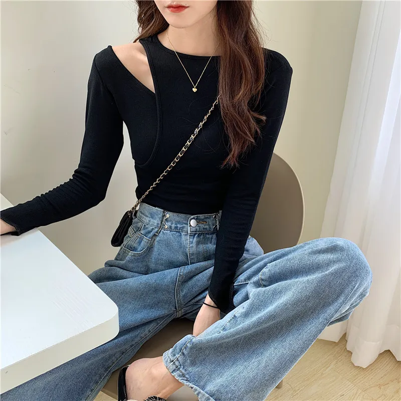 Solid Cotton T-shirt Koreanska Kläder Kvinnor Tops Tunika Höst Slim-Fit Off-Shoulder Fake Tvådelad Långärmad 10940 210427
