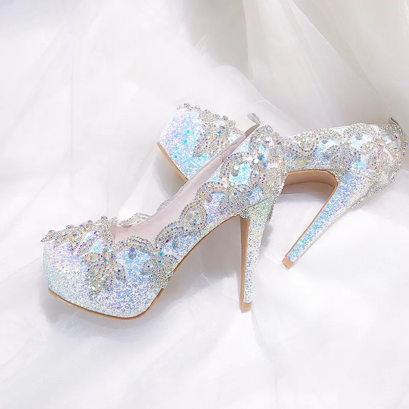 2022 scarpe da sposa con paillettes strass banchetto da damigella d'onore scarpe singole da donna con tacco alto a testa tonda