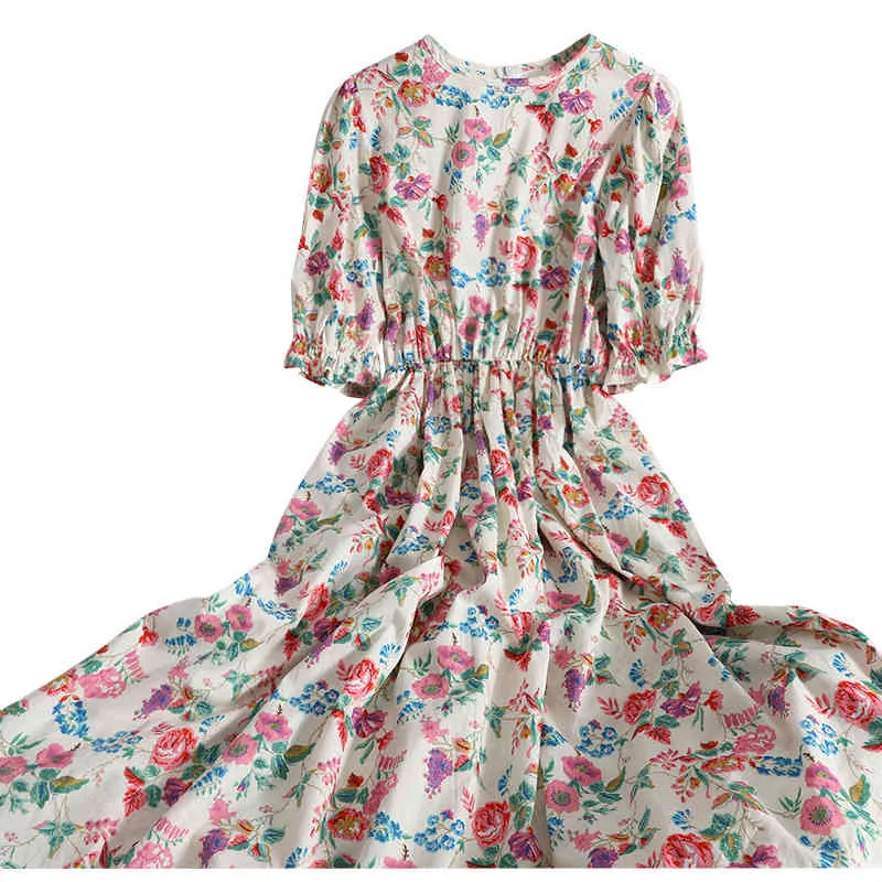 Kimutomo Buff Buff Manga Floral Vestido Feminino Slim Cintura Redondo Tudo Combinando Robe Coreano Chic Senhoras Retro Vestido Elegante 210521