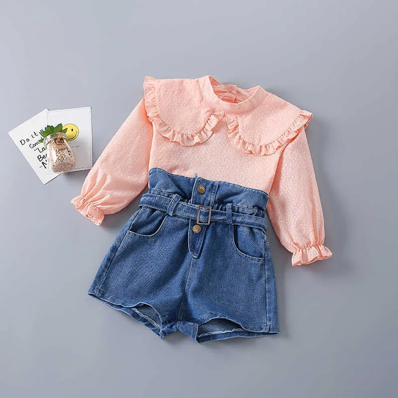 2-7 Years High Quality Spring Girl Clothing Set Fashion Casual Cute Shirt + short Jeans Kid Children Girls 210615