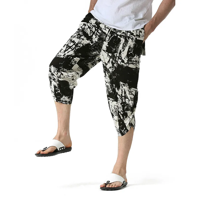 Graffiti Mens Trousers Linen Calf-Length Print Pants Men Hawaiian Baggy Harem Pants Casual Breathable Harajuku Streetwear 210524