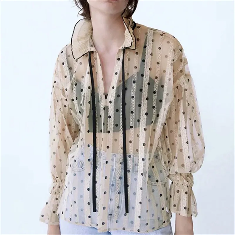 BLSQRファッション透明メッシュRuffled Blouses女性中空アウトフレアスリーブ女性シャツカジュアルレディーストップシャツ210430
