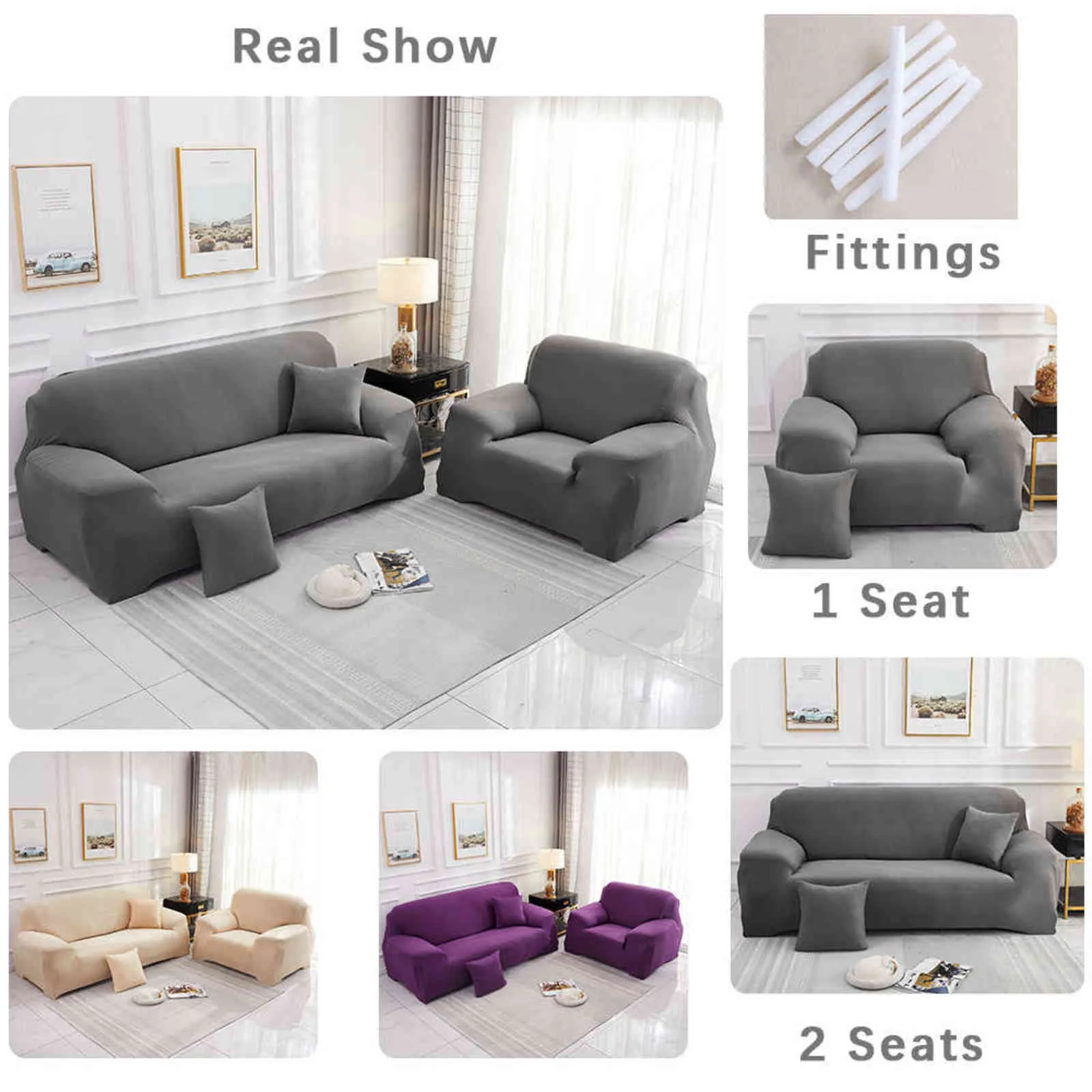 Housse de canapé élastique de couleur unie Spandex moderne Polyester Chaise 1/2/3/4 places serré doux meubles s longue housse 211116