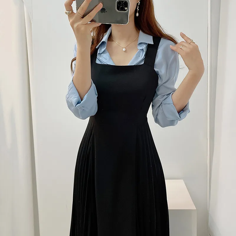 Onalippa kvinnor klänningar höst koreanska temperament stil lapel slips långärmad skjorta hög midja sida pläterad suspender klänning 220302