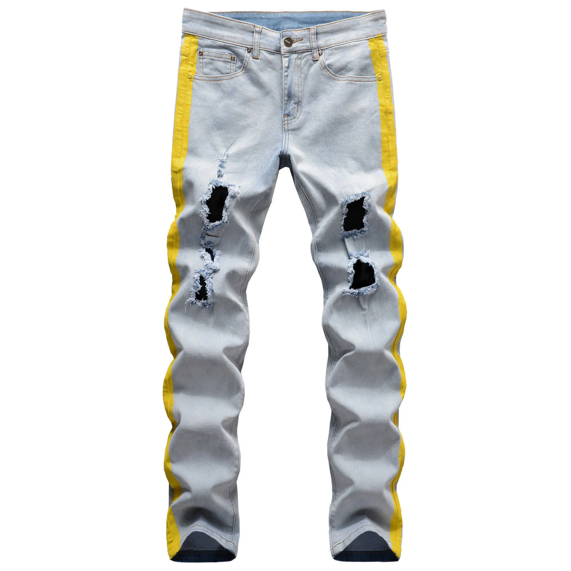 Hip Hop 4 Cores Patchwork Jeans Homens 2021 Buracos Rasgados Slim Fit Calças Jeans Homens Azul Vermelho Amarelo Designer Reta Jeans Azul X06216373162