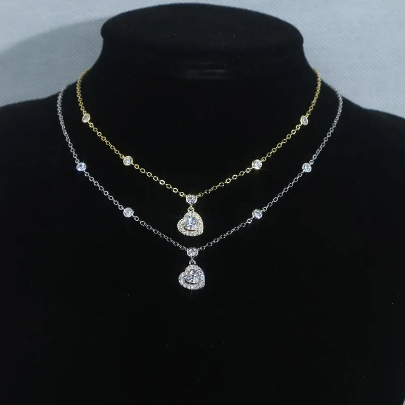 Cubic Zirconia Heart Pendant CZ Station Link Chain Bling Sparking Fashion Women Necklace Chains336J