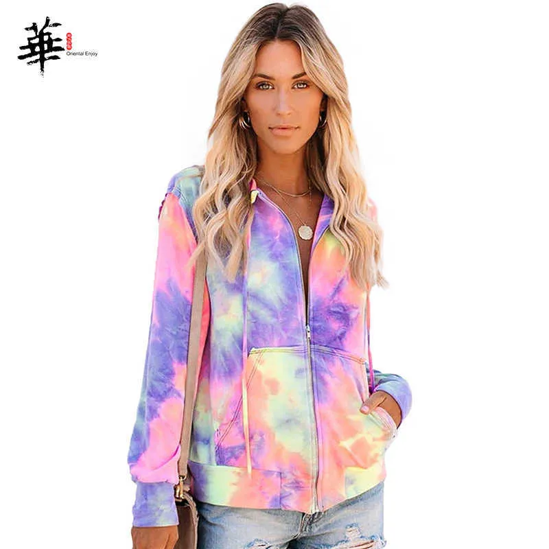 Tie Dye Zip-up Hoodies Femmes Poches Cordon À Capuche Manteau Casual Rainbow Hoodie Femmes À Manches Longues Hoddies Top 210909