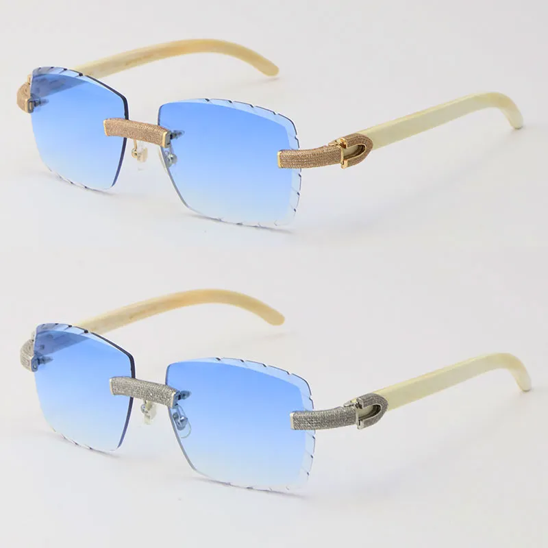 Новинка 2022 года, металлические солнцезащитные очки без оправы с микропавеированным бриллиантом, оригинальные белые солнцезащитные очки из натурального рога буйвола, мужские и женские 269р