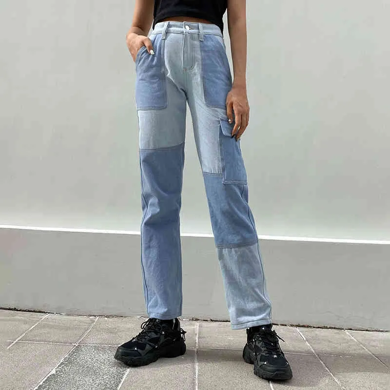 Bleu droit Y2K Jeans pour filles femme patché femmes mode Vintage Denim pantalon taille haute pantalon Harajuku Capris 210510