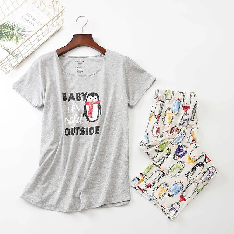 Cotton Pajamas Set Short Sleeve T-shirt Long Pants Summer Sexy Pyjama Big Size Mom Homewear Cozy Plus Sleepwear 210809