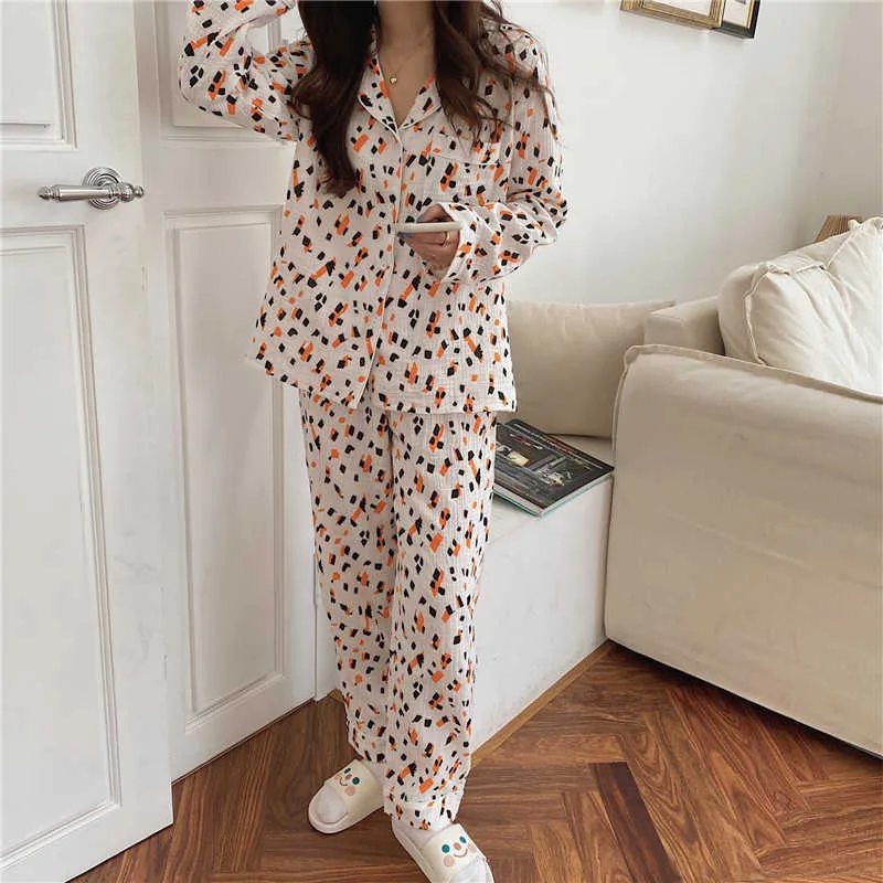 Kvinnor Bomull Pyjamas Utskrift Två Pieces Passar Stilig Softwear Kvinna Femme Home Chic Loose Sets 210525