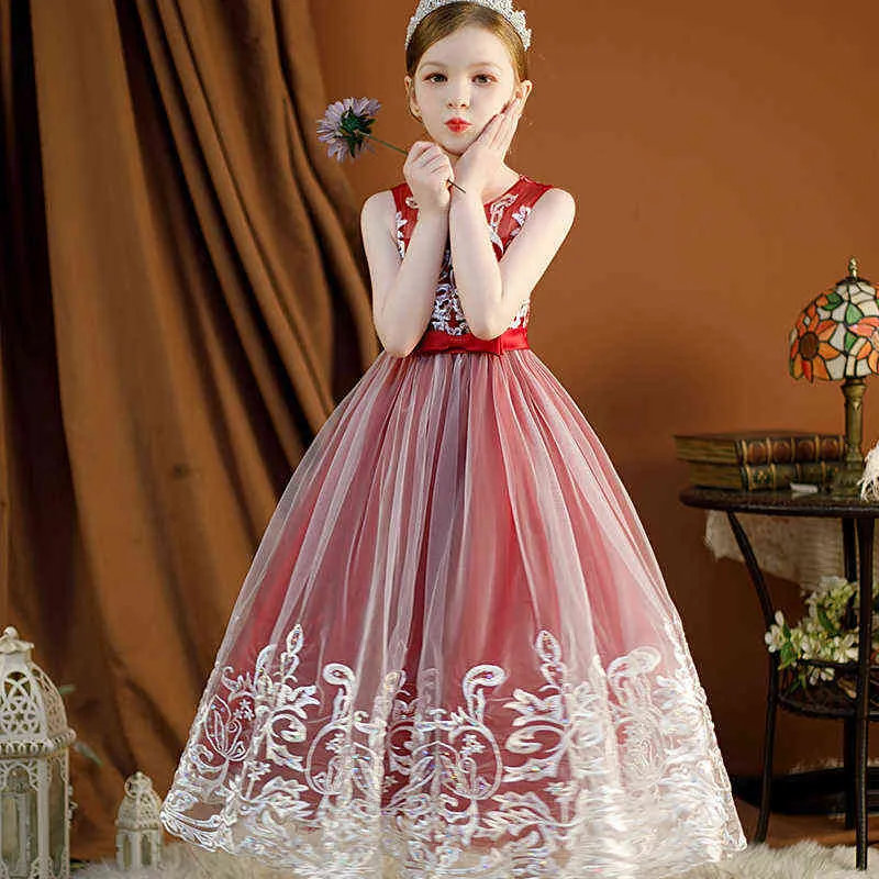 Filles robe fleur maille broderie noël robe de bal robes de mariée pour enfants princesse adolescents Noble défilé Costumes G1218