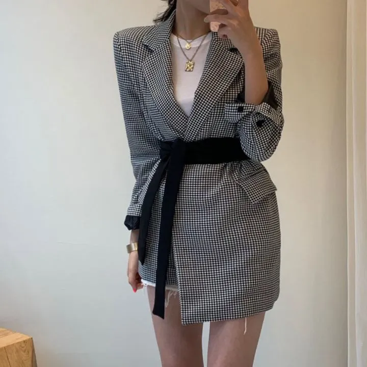 Printemps Automne Femmes Houndstooth Blazer Manteau Vintage Manches longues Turn Down Collier Tunique Veste avec poches 210513