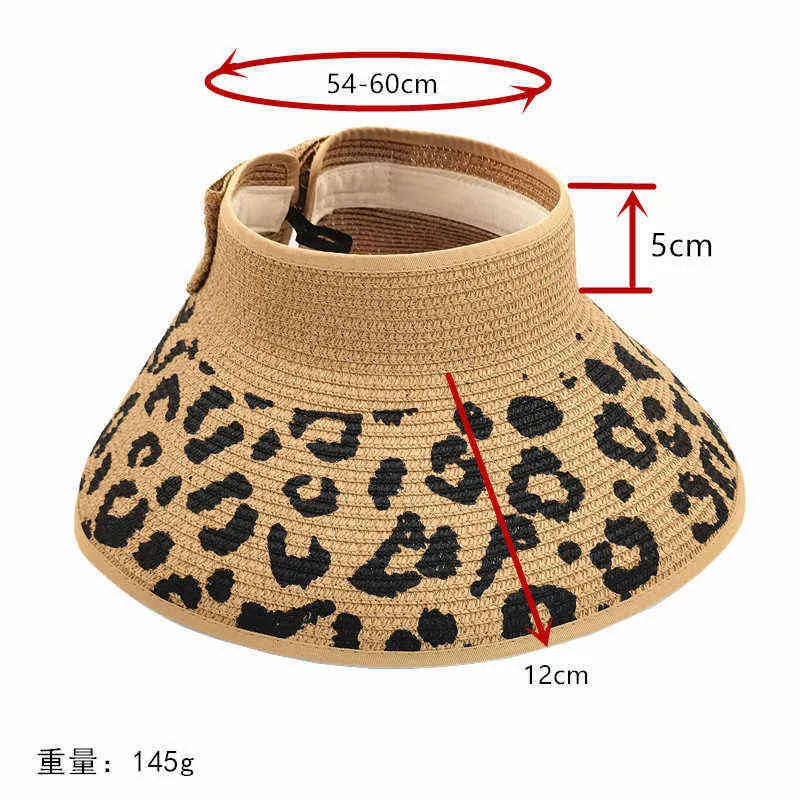 Mode zomer luipaard print vizieren hoed zon hoed wijd grote rand strand hoeden strohoed chapeau femme strand UV-bescherming cap G220301