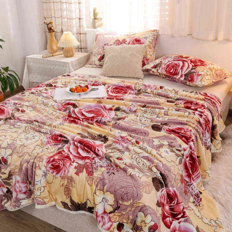 Plaid pour lits Couverture en polaire de corail imprimée de fleurs sur le lit Couvre-lit en flanelle douce et chaude sur le lit Couverture Queen / King pour l'hiver 211122