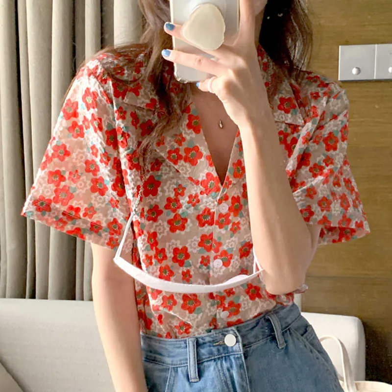 Korejpaa Women Shirt Summer Korean Chic French Retro Lapel Full Screen Flower Design Single-Breasted Short-Sleeved Blouses 210526