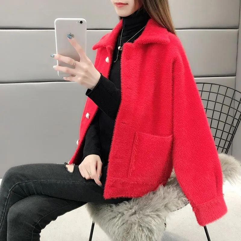 Abrigo de piel sintética de visón para mujer, versión coreana y otoño de invierno para mujer, cárdigan grueso corto suelto salvaje 210427