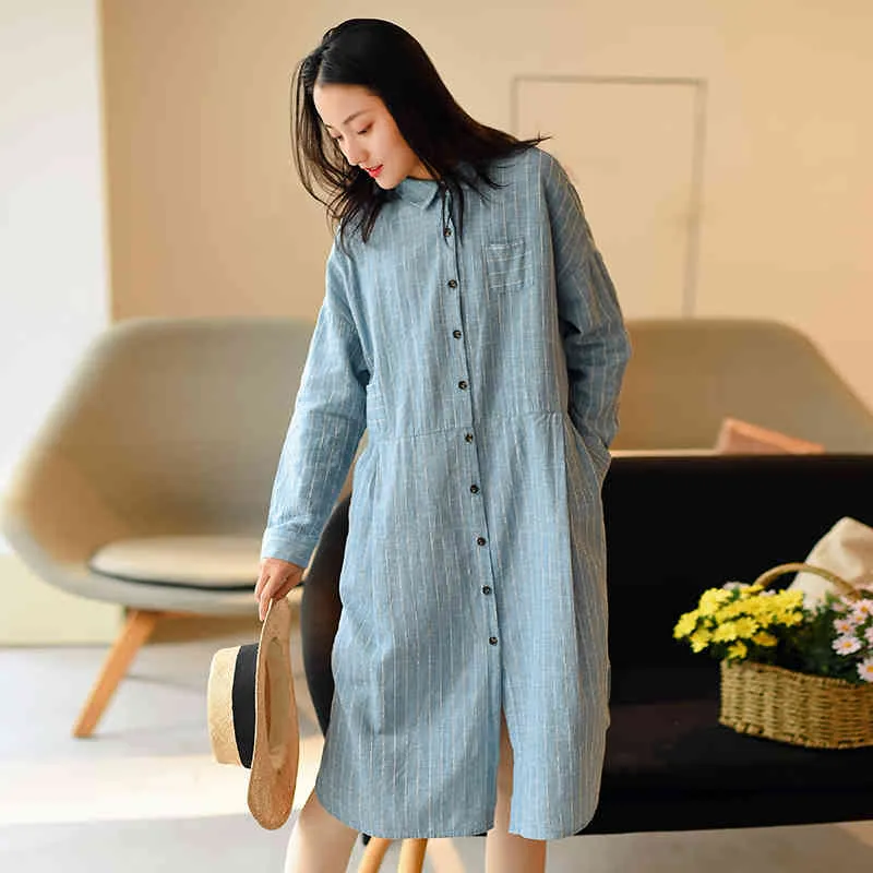 Johnature Woman Striped старинные рубашки платья хлопчатобумажная кнопка пружина вскользь женский корейский стиль мягкий a-line платья 210521