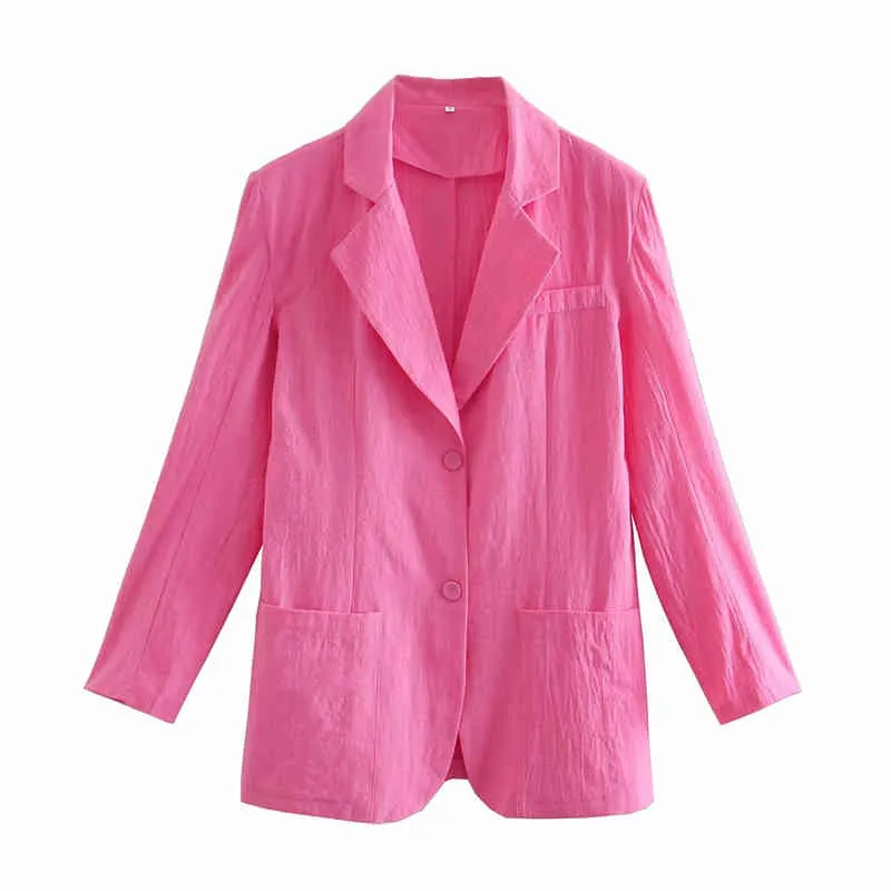 Streetwear Kobiety Różowy Cienki Blazer Moda Damska Elegancka Kieszeń Kurtki Solidne Słodka Kobieta Chic Bawełna 100% Vestidos 210427