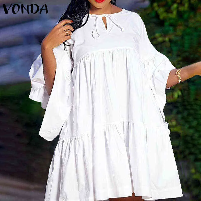 Women White Dress 2021 VONDA Sexy 3/4 Sleeve Flare Sleeves Plain Party Dress Beach Sundress Casual Vestidos Y1204