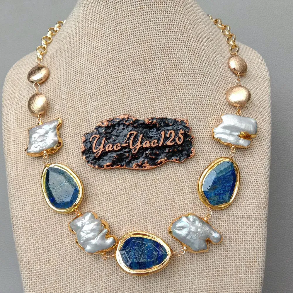 YYGEM 21 '' naturel bleu Lapis morceau gris Keshi perle jaune or couleur chaîne collier ras du cou classique pour les femmes