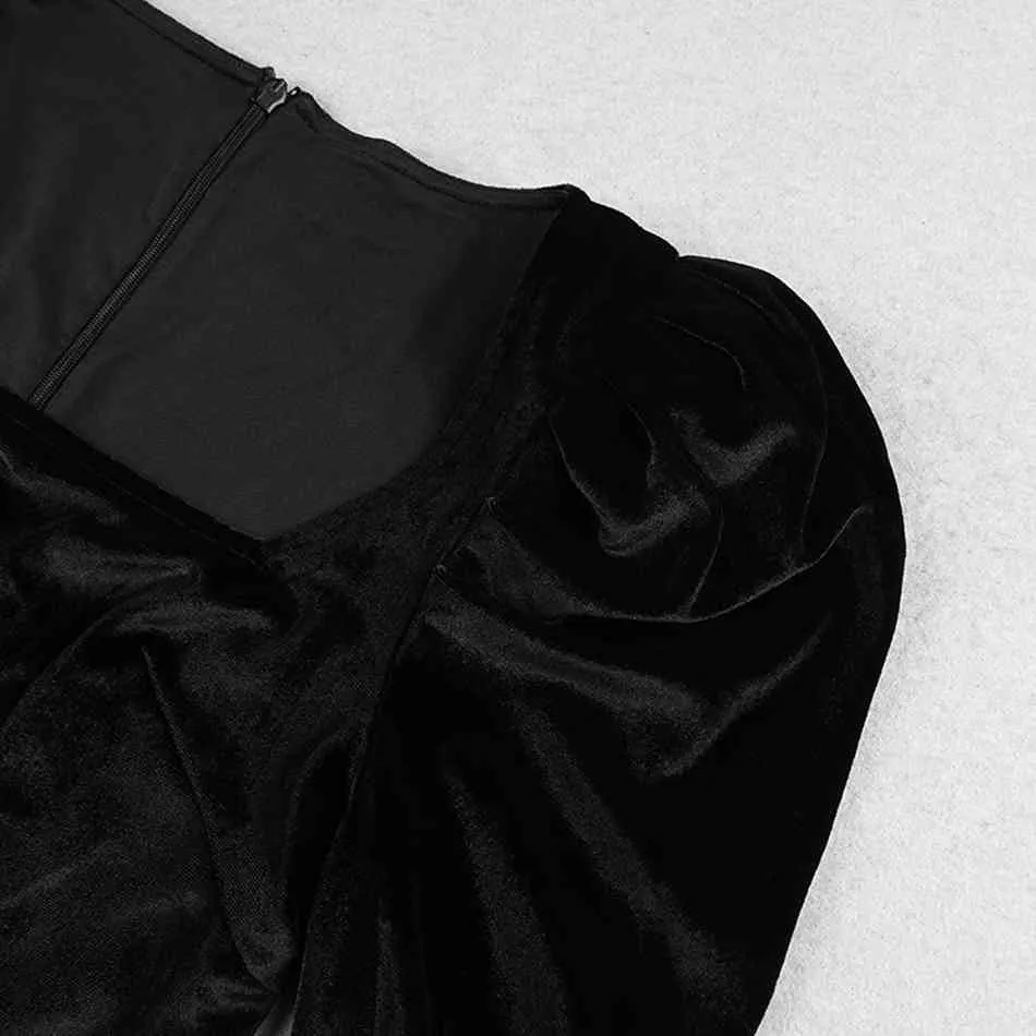 無料の女性の黒いベルベットのドレスエレガントなスクエアネックバブル長袖ボディコンMIDIクラブパーティーVestidos 210524