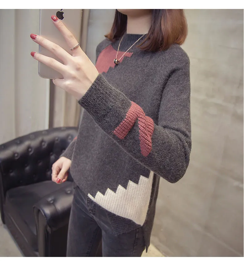 Suéter con costuras de letras para mujer, jersey holgado de manga larga, jerséis de punto con abertura lateral gruesa roja, jerséis femeninos de primavera 210427