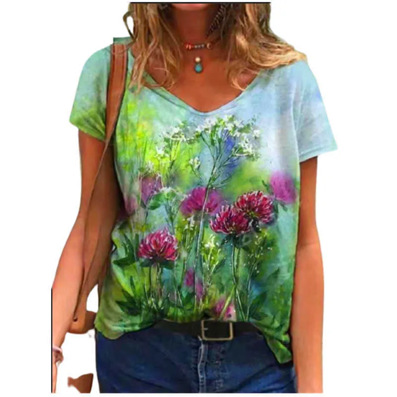 PLUS TAILLE T-shirt Été T-shirt Femmes Casual V-Col À manches courtes Lâche surdimensionnée Tops Streetwear Dames Impression florale Tee 210526