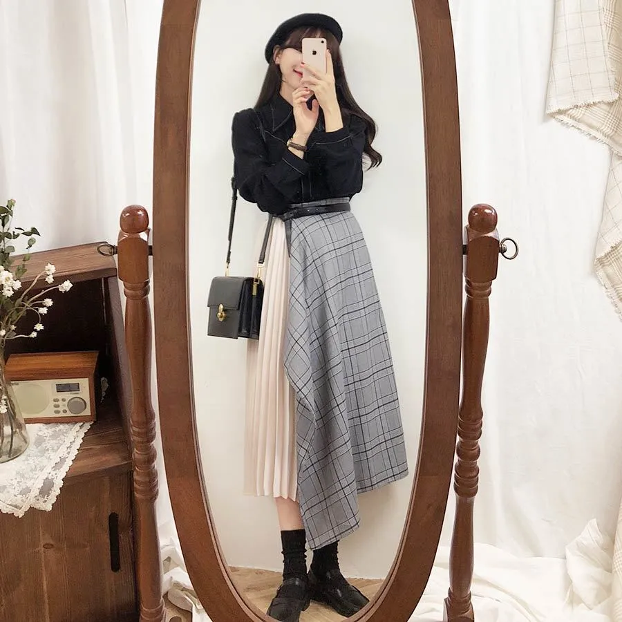 Plus Taille Harajuku Gris Femmes Blouse Costumes Fille Plissé Plaid Vintage Longue Jupe Vendre séparément 210417