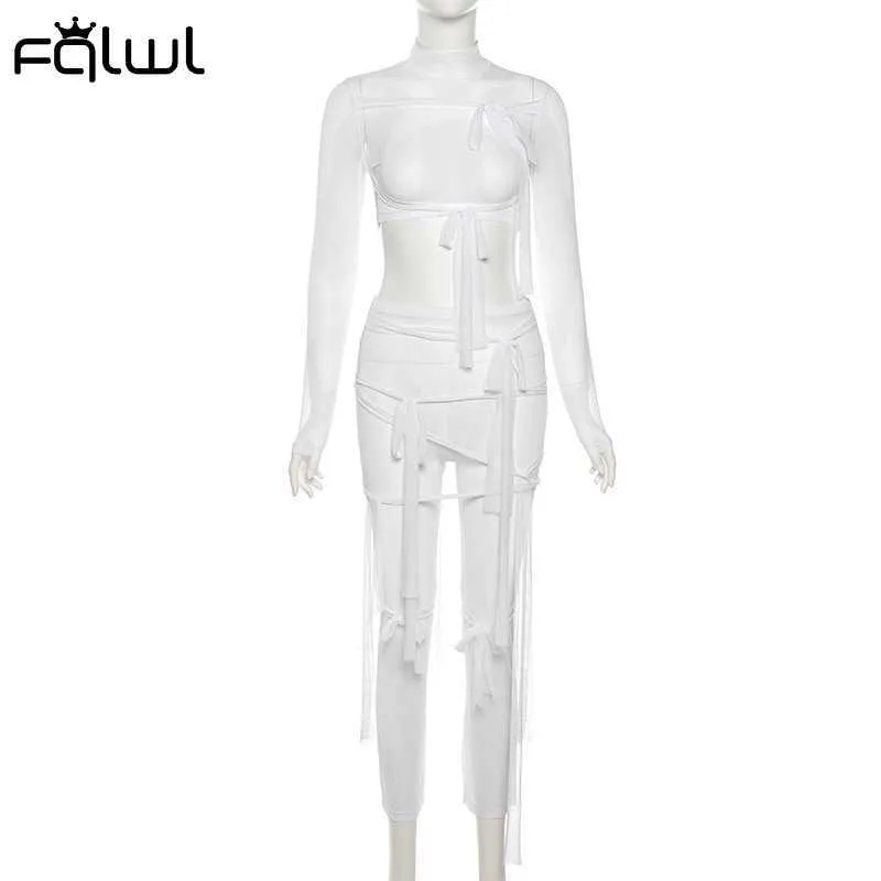 FQLWL Summer Bandage Mesh 2 Completi da donna Completi da donna Top corto a maniche lunghe Pantaloni trasparenti Tute Completi coordinati casual 2021 Y0625