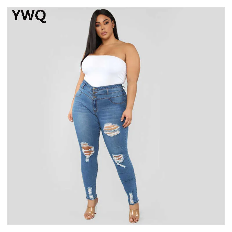 Grande taille taille haute jean femme maigre déchiré grand pantalon cargo mode mince trou serré maman pantalon 210629