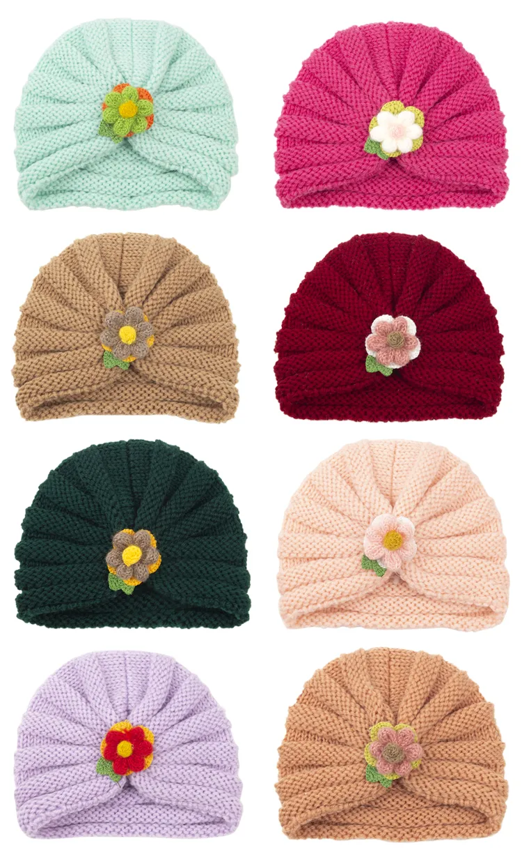 En vrac nouveau Turban tricoté bébé filles garçons automne hiver chaud tricot bonnets casquettes pour enfants fleur casquette chapeau enfants bandeau