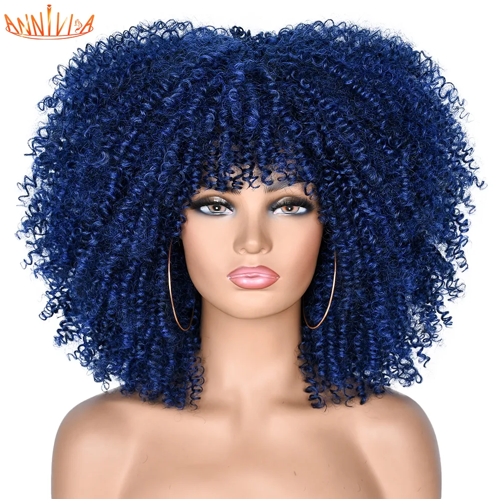 Short Afro Kinky Curly Wig With Bangs For Black Women Synthetic Glueless Red Blue Purple Wig Heat Resistant Cosplay Wigsfactory direct