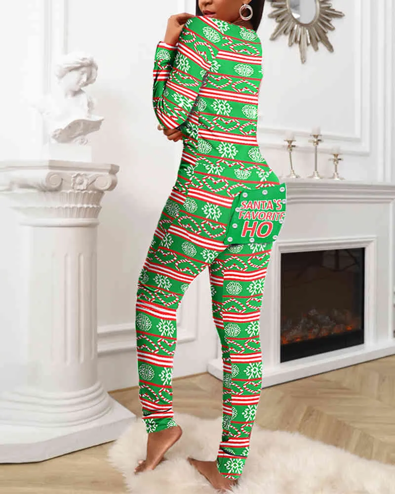 Capodanno Natale Funzionale da donna con patta stampata adulti Pigiama Suit Homewear Tute staccabili Femme 210415