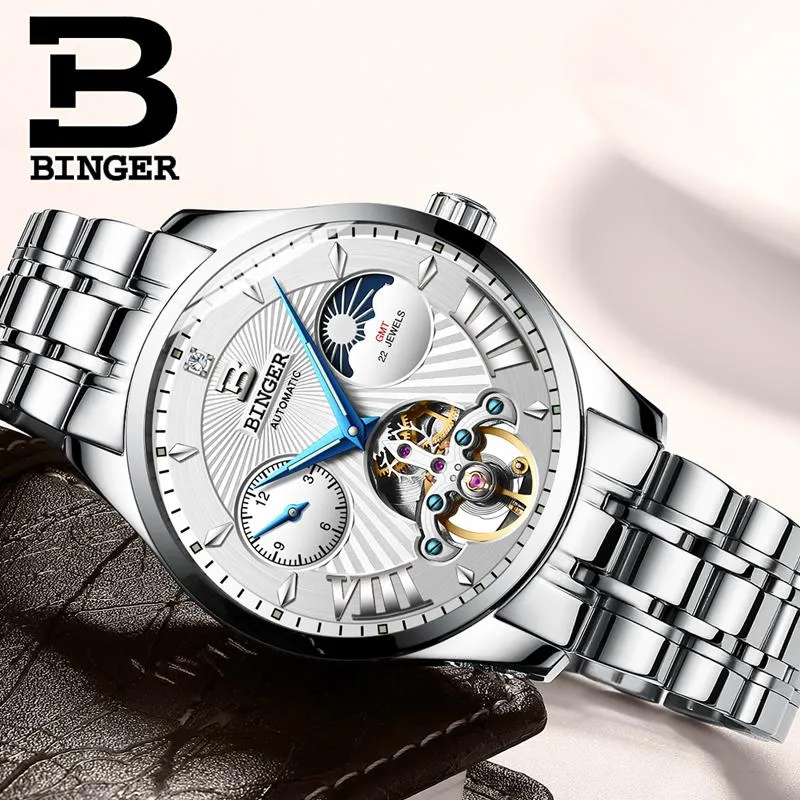 Zwitserland BINGER Tourbillon Mechanisch Horloge Automatisch Heren Maanfase Volledig stalen band Saffier Lichtgevende waterdichte klok Polswa2344