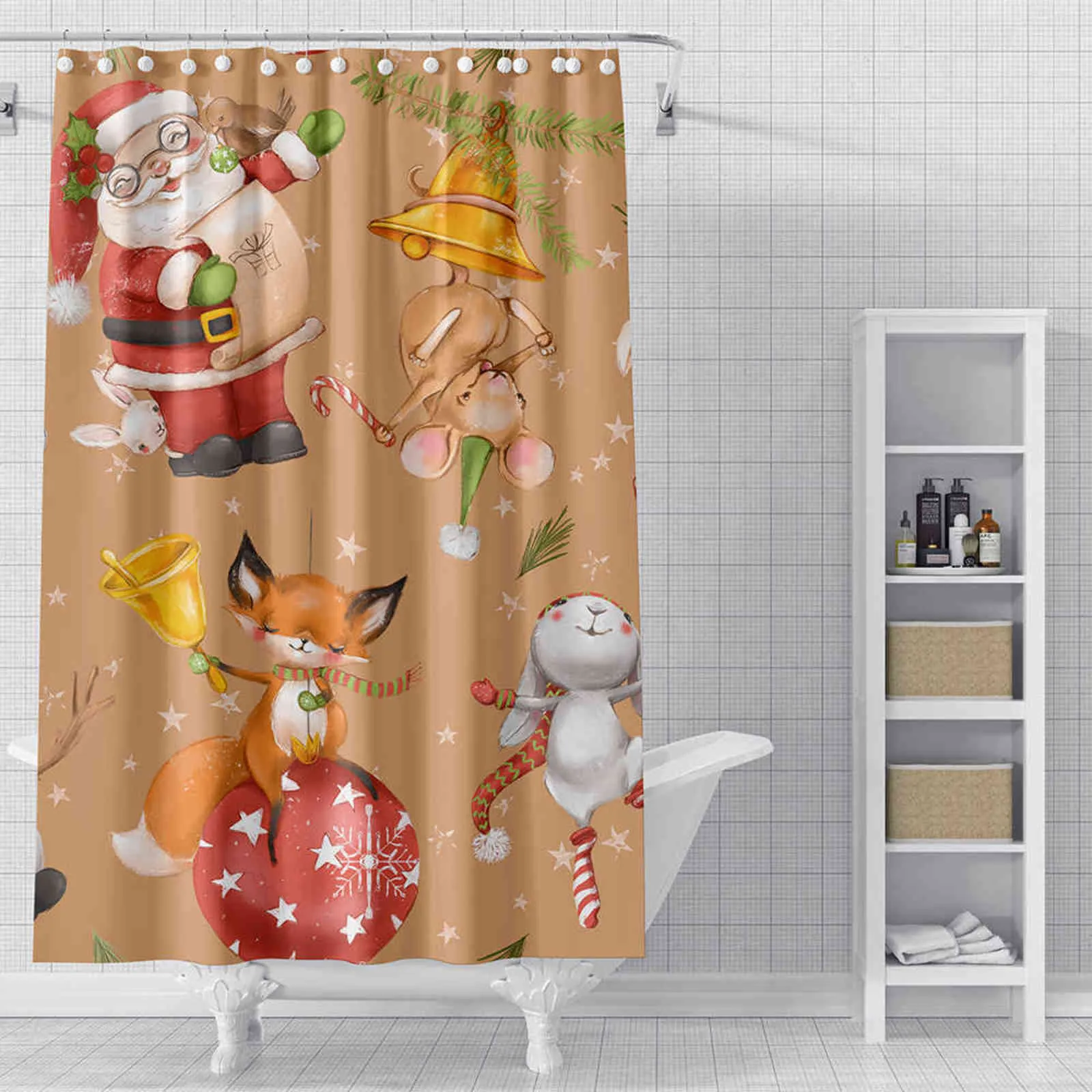 3Dプリントクリスマスシャワーカーテンバスルームカーテンフック付きバスルームカバー用浴室防水防水防水シャワーカーテン211116