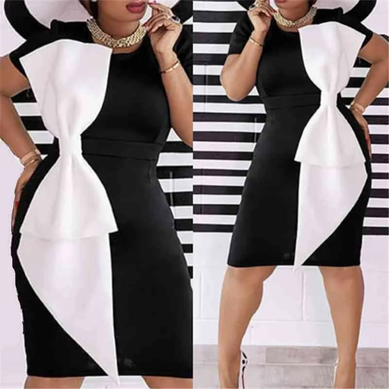 Kadın Bodycon Elbise Siyah Beyaz Kontüsten Renk Büyük Papyon Lady Parti Zarif Yemeği Akşam Ince Tunik Femme Paketi Kalça Elbiseler 210416