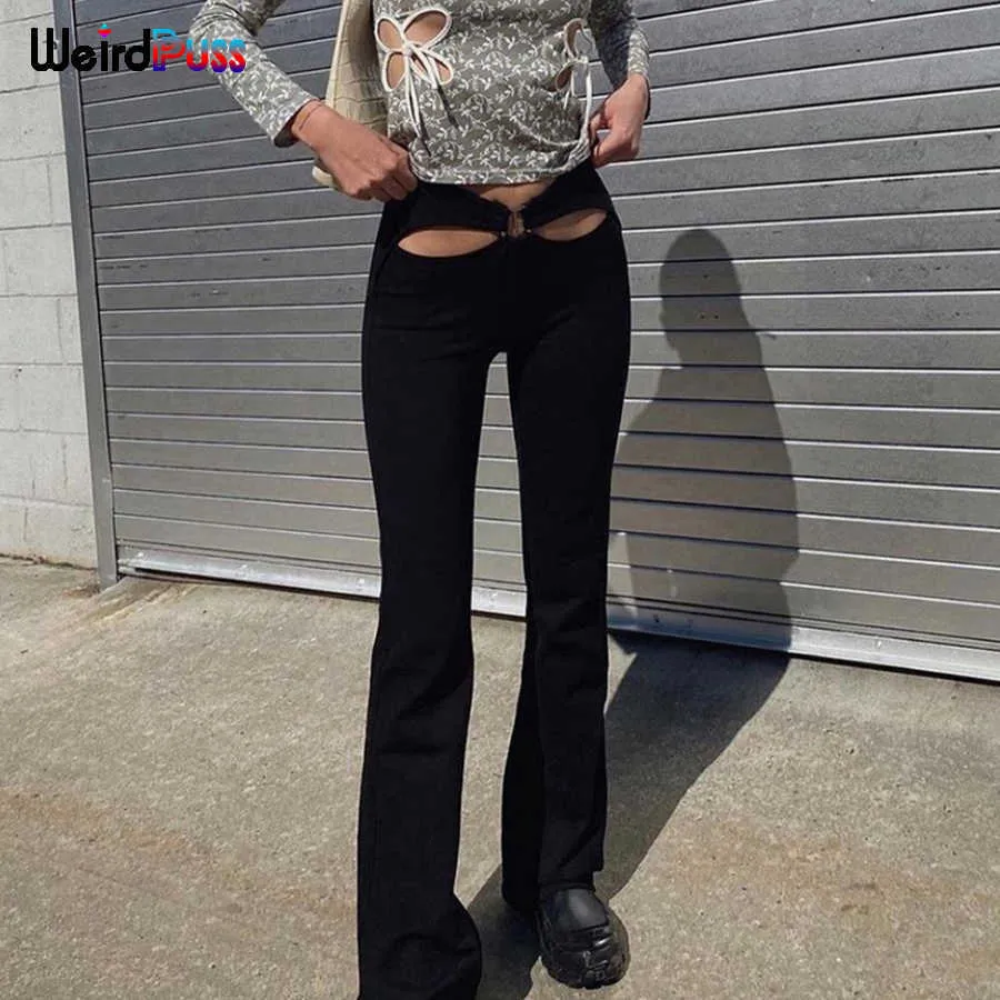 Weird Puss Hohl Niedrige Taille Y2K Hosen Chic Harajuku Frauen Streetwear 2021 Trend Sommer Flare Hosen Dünne Elastische Lange Hosen x0629